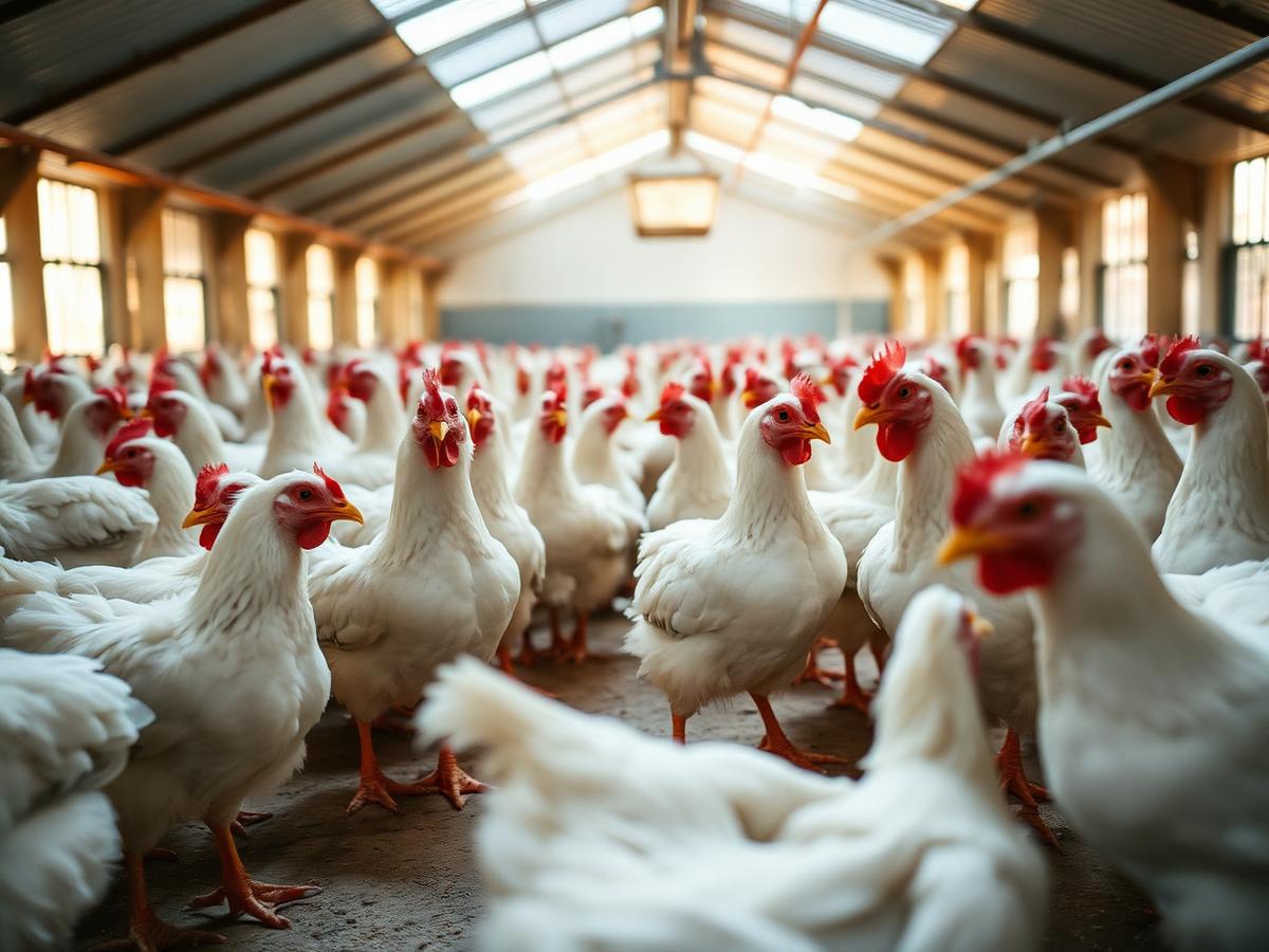 White broiler chickens inside a bright poultry house