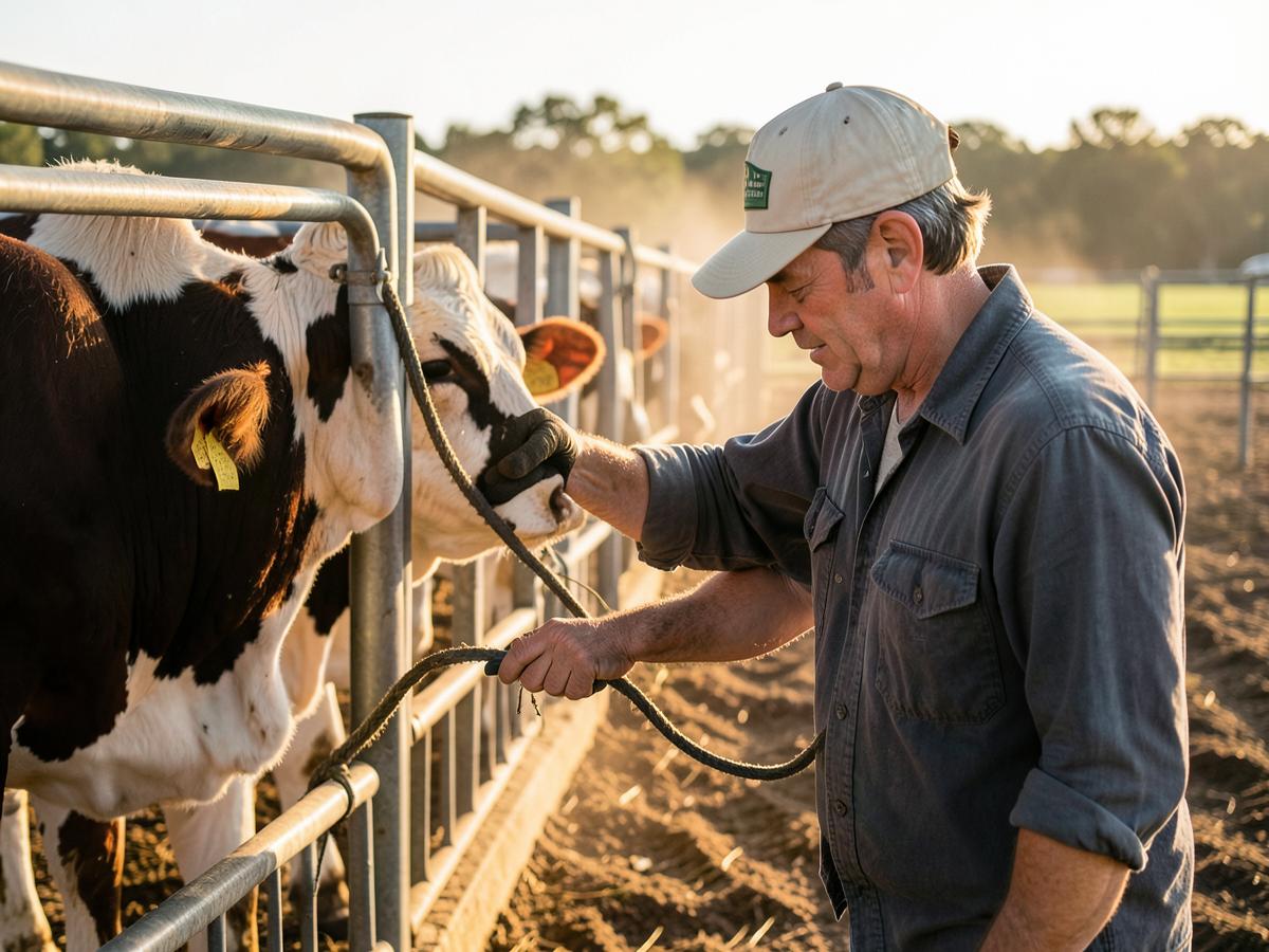Farmer checking cattle at the feeding pen