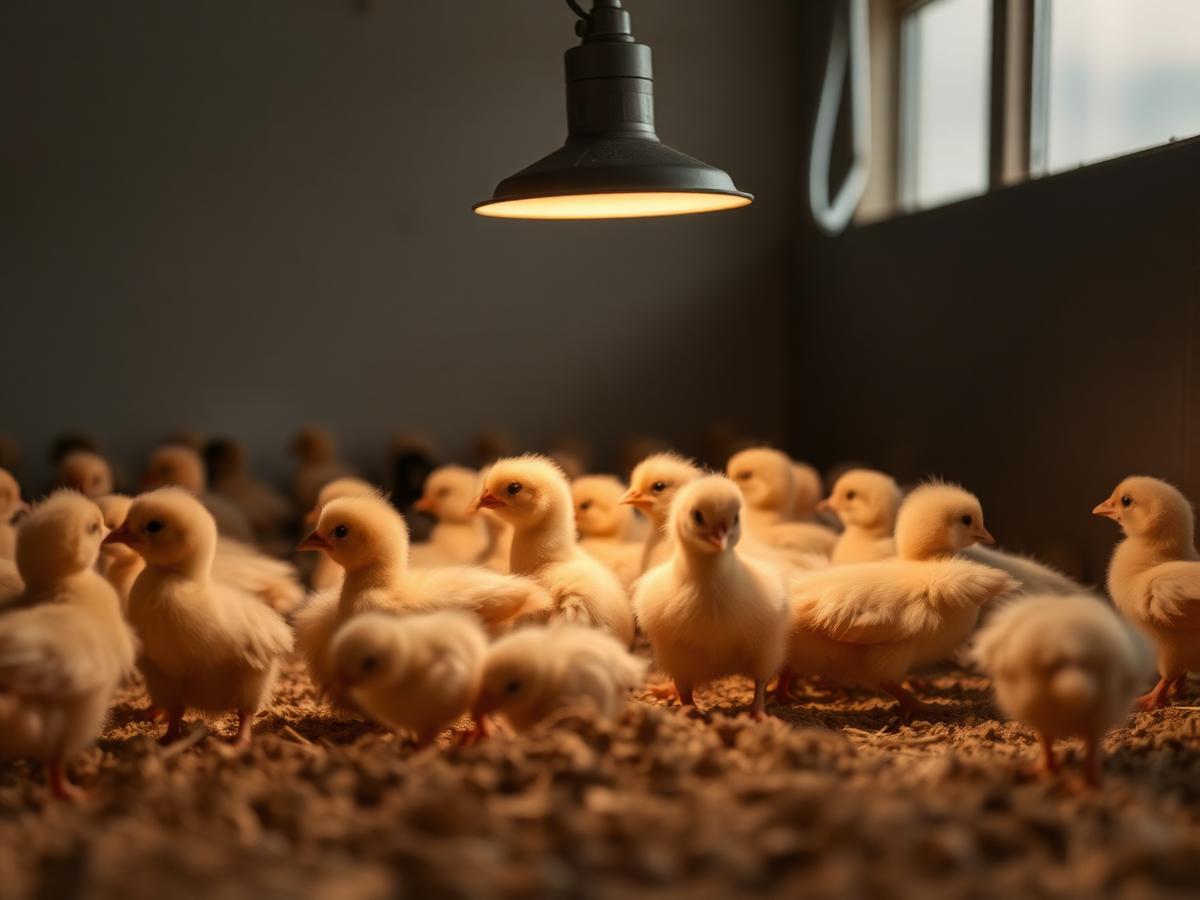 Day-old chicks under a brooder lamp
