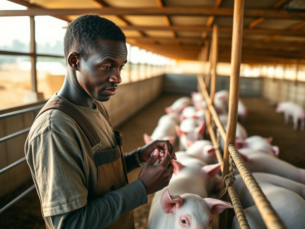 A Matlaleng farmer tending piglets in a clean pen